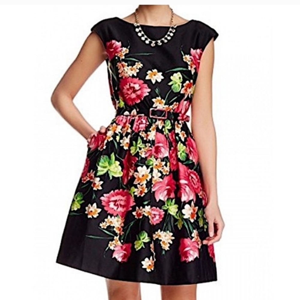 ELIZA J. BLACK PINK FLORAL FIT AND FLARE BACK ZIP LINED SLEEVELESS DRESS 6